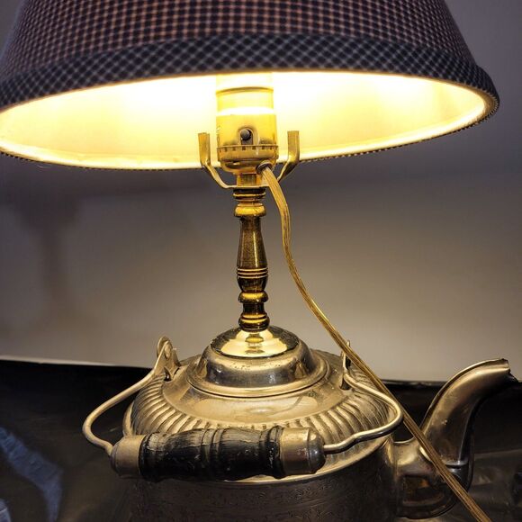Vtg Nickel Plated Teapot Electric Lamp W/blue Checkered Shade - Picture 4 of 16